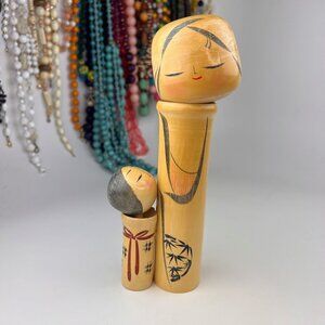 Vintage Japanese Creative KOKESHI Doll, signed, Suigai Sato Mother & Child, Wood